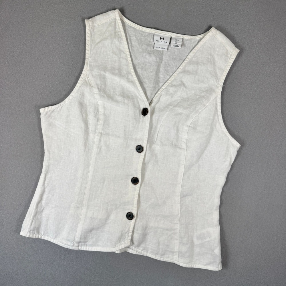 Halston Button Front Vest Women Large White 100% Linen Smocked Back V-Neck